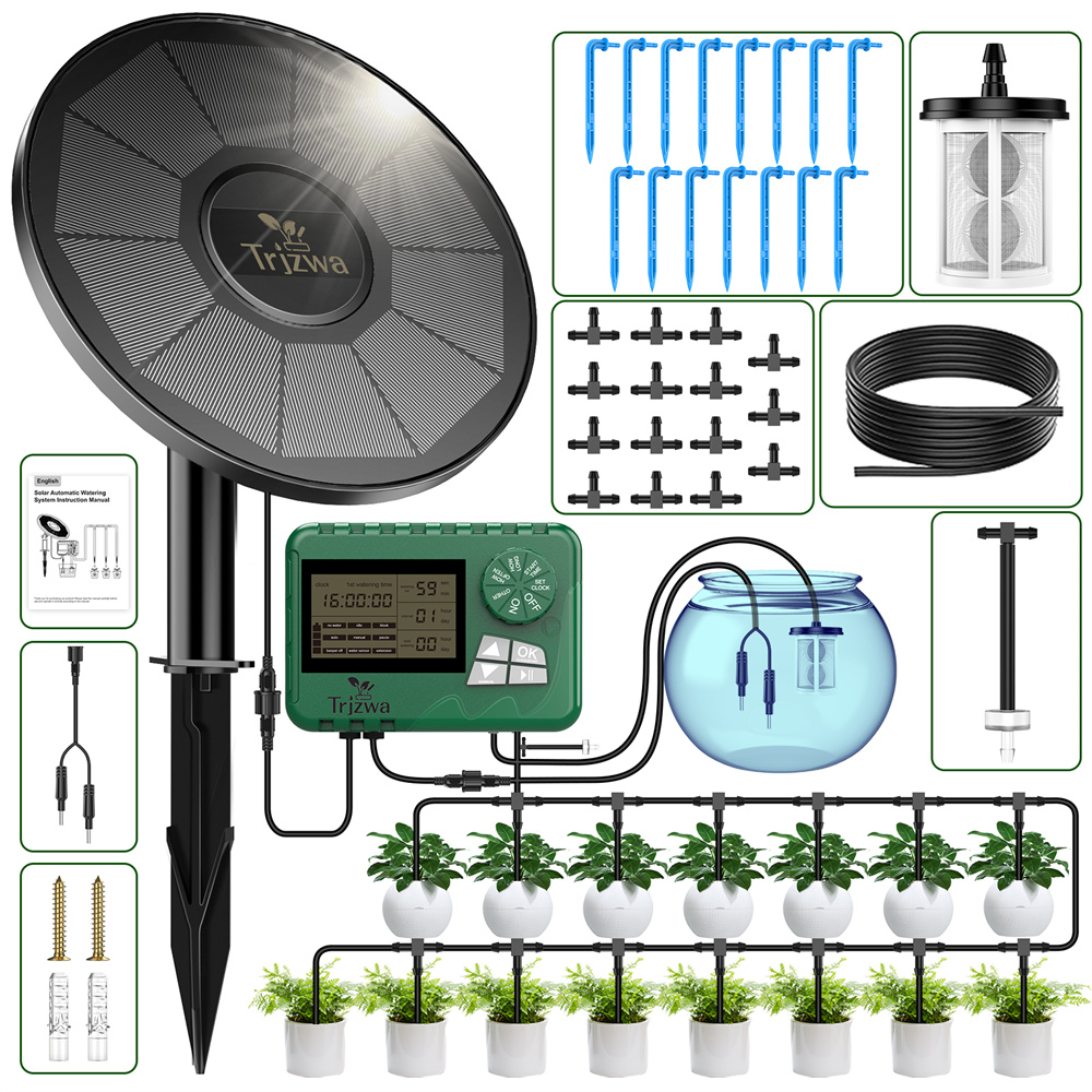Urban Farming System - ระบบชลประทานหยดน้ำพลังงานแสงอาทิตย์พร้อมฟังก์ชั่นตั้งเวลาอัจฉริยะและแจ้งเตือนภาวะน้ำขาดแคลน ชุดรดน้ำอัตโนมัติพร้อมสายยาง 15 ม. และหัวหยดน้ำ 15